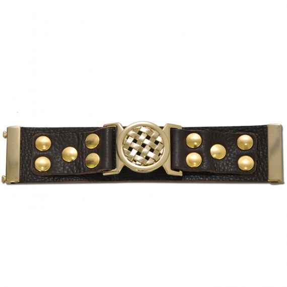 P42A Bracelete Kafé em Couro, detalhes de Lapela e Bridão Trecê Dourado - Marrom
