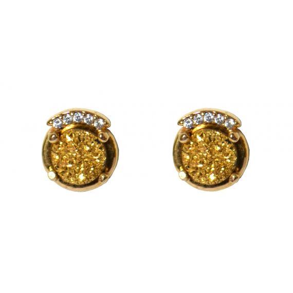 MRBR28DO Brincos de Pedra Druza Dourada Pequena e Detalhe em Swarovski