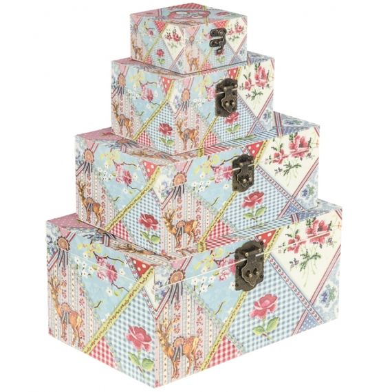 11242 BAÚS PATCHWORK - CONJUNTO 4 PEÇAS - OLDWAY - 35,5x23x17,5 cm