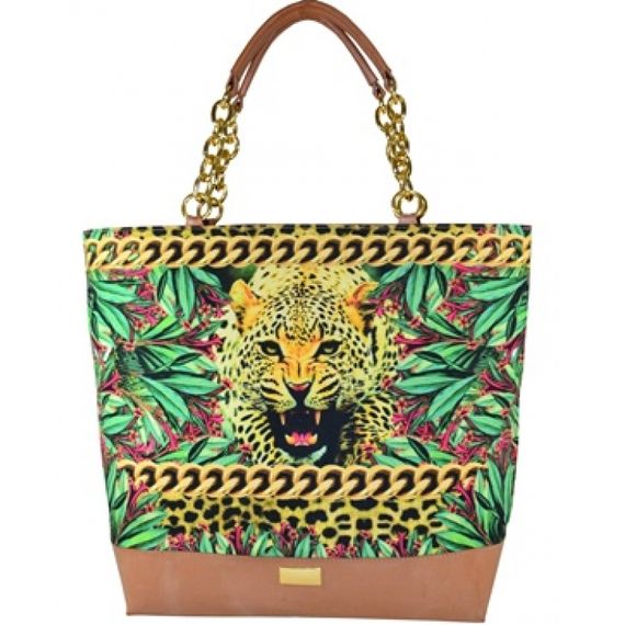 102114 Bolsa Acabamento de Couro Estilo Shopping Bag - Estampa Onça