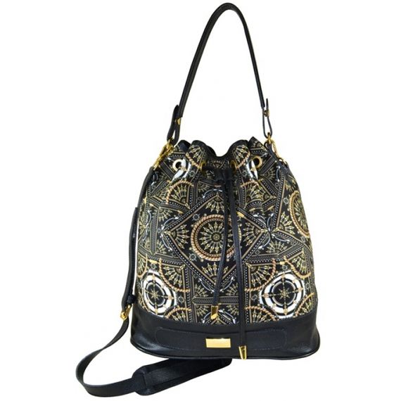 103110 Bolsa Acabamento de Couro Estilo Saco - Estampa Lenço Preto