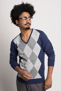 Suéter Masculino Xadrez Algodão Peruano Gola V (Ms003)