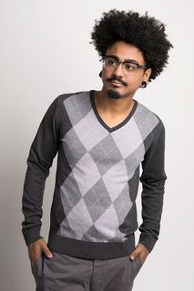 Suéter Masculino Xadrez Algodão Peruano Gola V (Ms003)