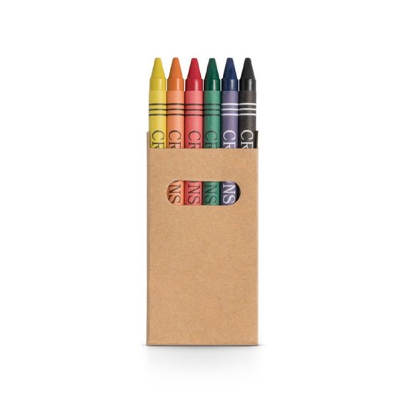 Caixa de cartão com 6 gizes de cera. Cartão. 53 x 92 x 9 mm