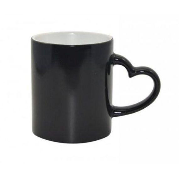 Caneca Mágica 100% Preta Cerâmica com alça de coração