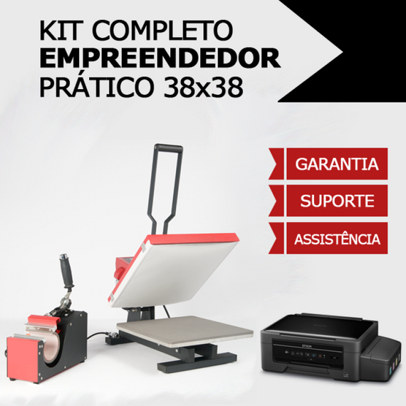 KIT COMPLETO EMPREENDEDOR PRÁTICO - Prensa Térmica Plana - 38x38cm - 2x1 plana + caneca cilíndrica linha premium + impressora sublimática A4