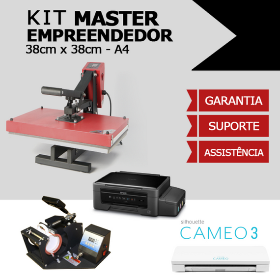 Kit Empreendedor Master- Prensa 38x38 + Prensa Cilíndrica + Impressora Sublimática A4 + Brindes + plotter silhouette cameo 3