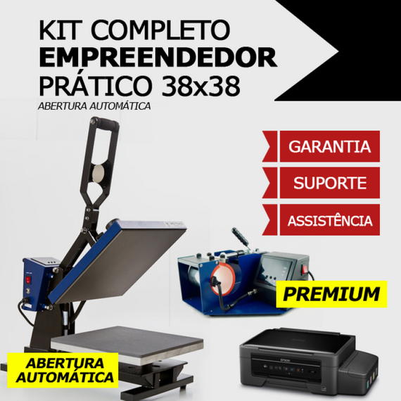 Kit empreendedor prático - Prensa Térmica Plana - Base 38x38 Abertura automática + Prensa de canecas cilíndrica + Impressora sublimática A4