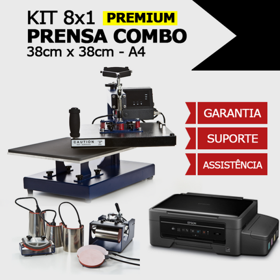 Prensa Combo 8x1 PREMIUM - 38x38 / Impressora L396, Bulk Ink + Tintas + Dispenser