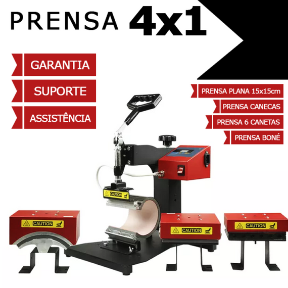 Prensa Térmica 4x1 - Plana, Cilíndrica, Canetas e Boné